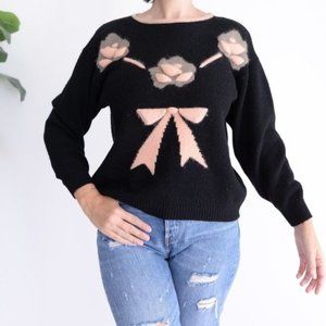 80% Lambswool Black Crewneck Peachy Bow & Floral Design Sweater Med